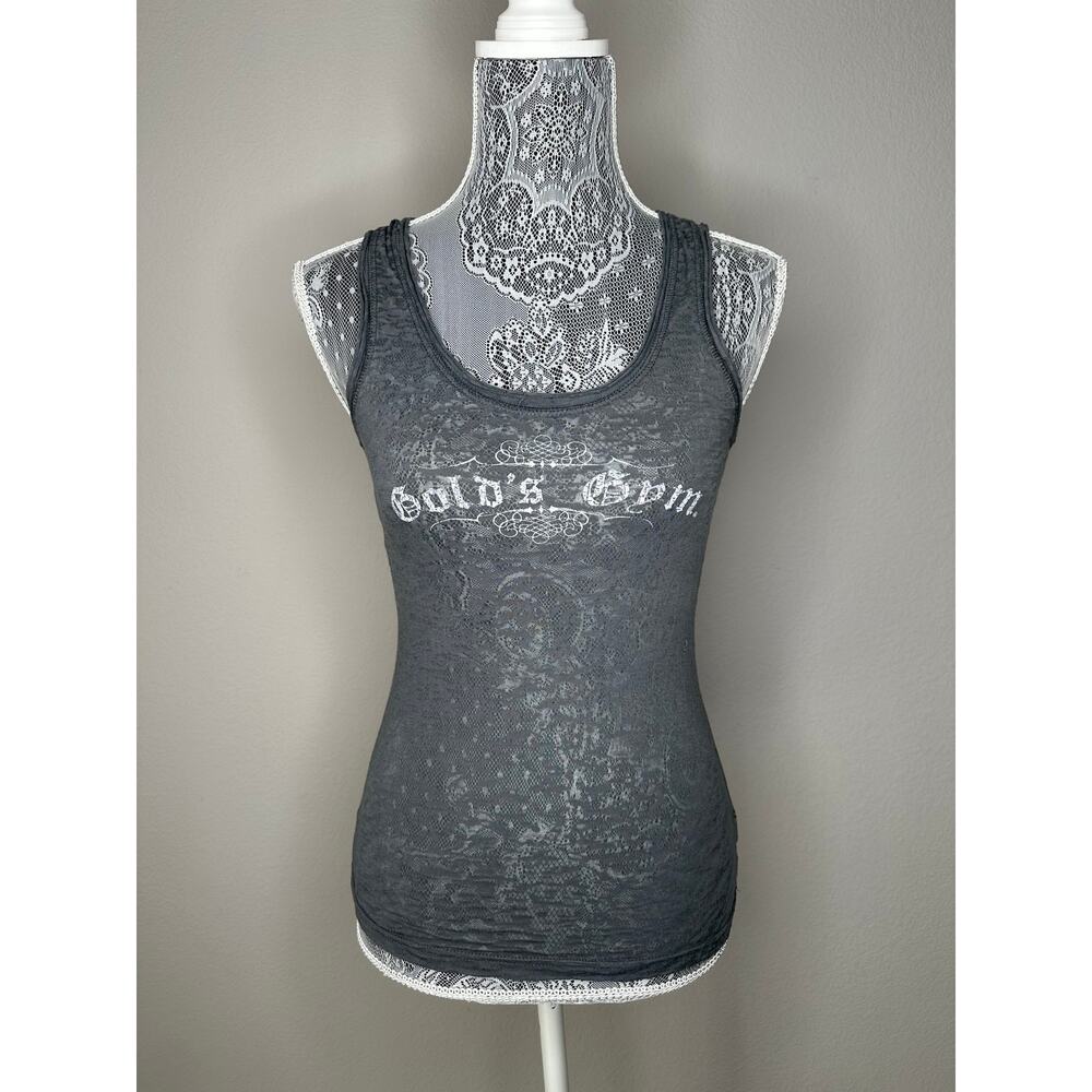 GOLDS GYM Logo Womens Y2K Size Small Grey Burnout Tunic Length Tank Top